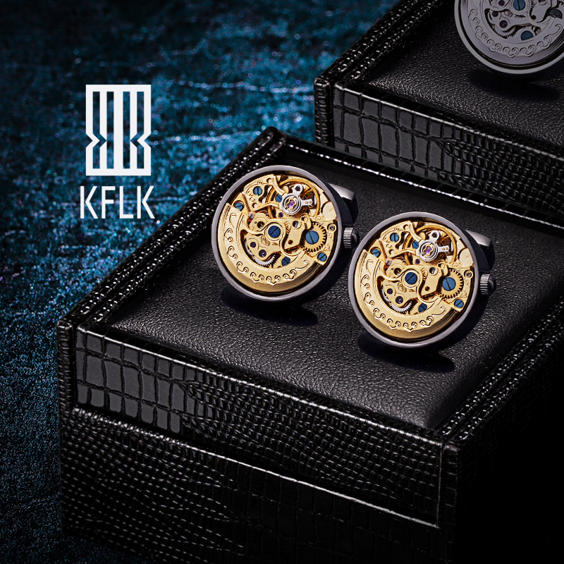 

KFLK Jewelry Shirts Cuff links for Mens Brand Watch Movement Mechanical Big Cufflinks Button Male High Quality Guests Automatic Ticking