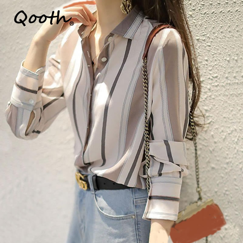 

Qooth Vertical Striped Shirt Women's Spring Trendy Korean Style Young Casual Loose Shirt Single Breasted Long Sleeve Tops QT555 210518, Beige