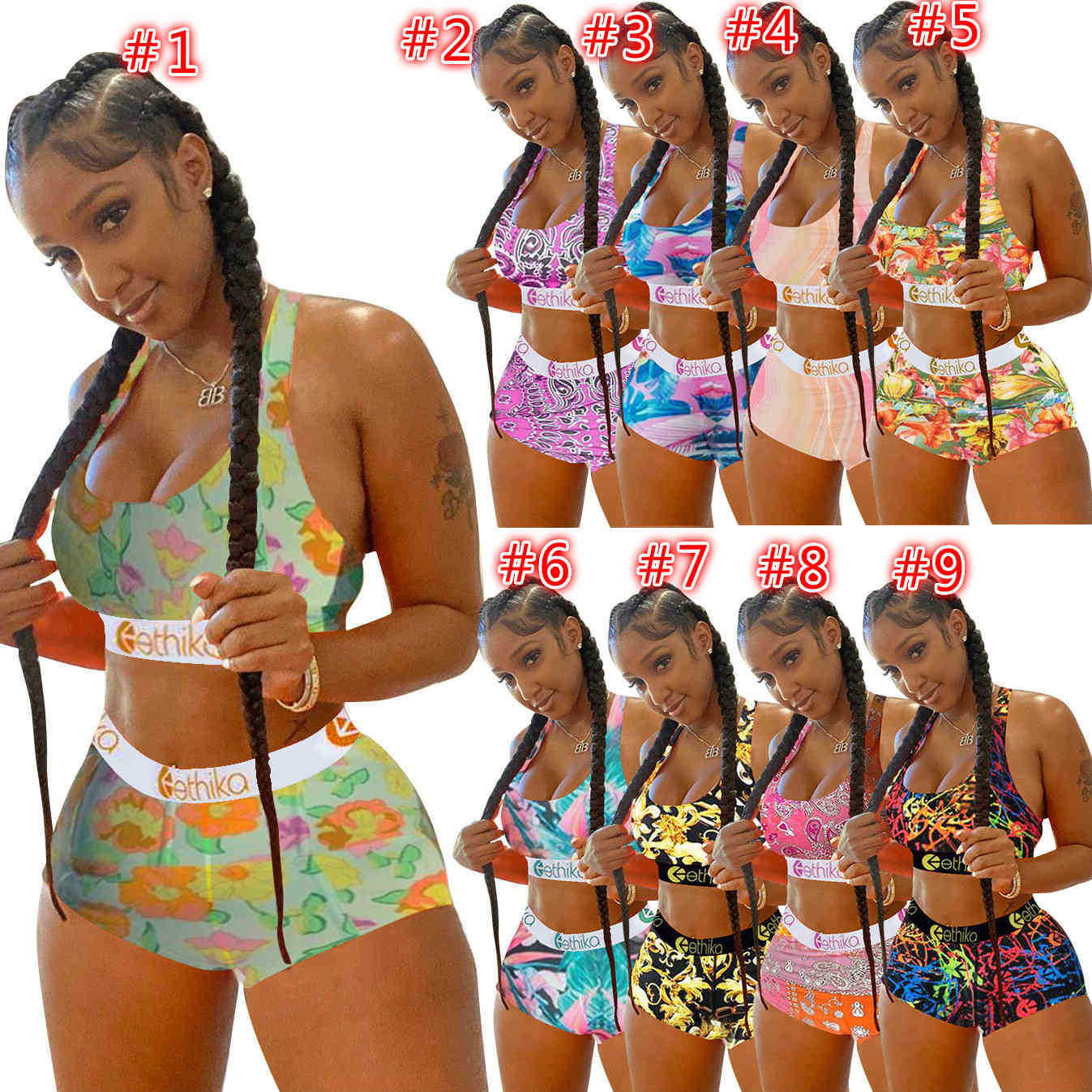 

Summer Women Brand Tracksuits Designer Swimwear Ethika Sports Bra Shorts Trunks Two 2 Piece Quick Dry Beachwear Bikini Set Outfits 2021, C1-c9