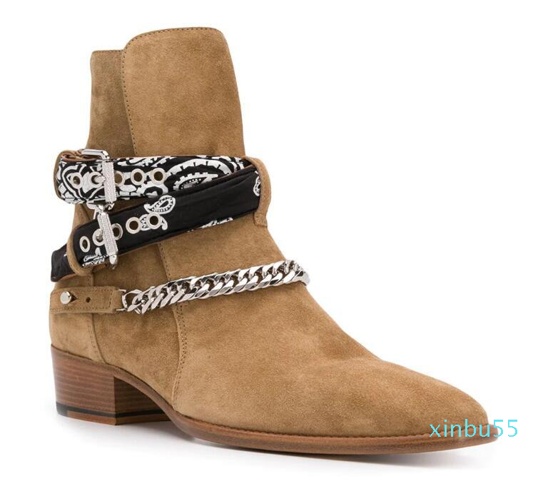 

Season Man Ami Ri Chain-embellished Ankle Boots Bandana Print Side Buckle Fastening Round Toe Shoes, Brown