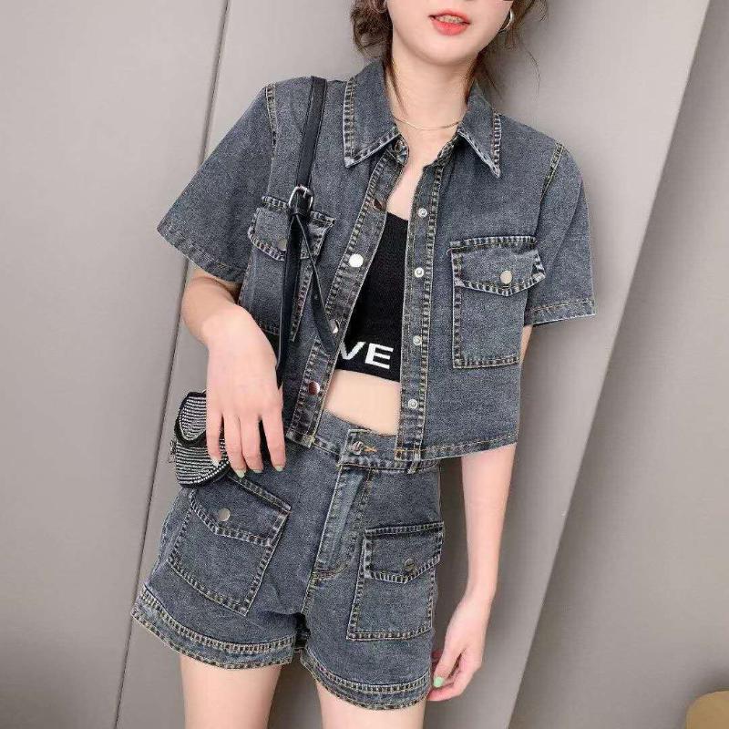 

Denim Suit 2021 Summer Fashion Western Style Youthful -Looking Short Jacket For Slight-Figured Women Shorts Two - Piece Set Women' Tracksui, Blue