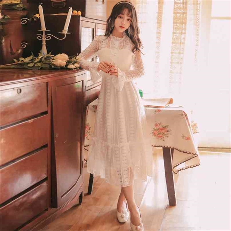 

Mid-calf Evening Party Female Vestidos White Lace Long Women Dress Maxi Vintage Tunic Sleeve Band Summer 210603, Blue