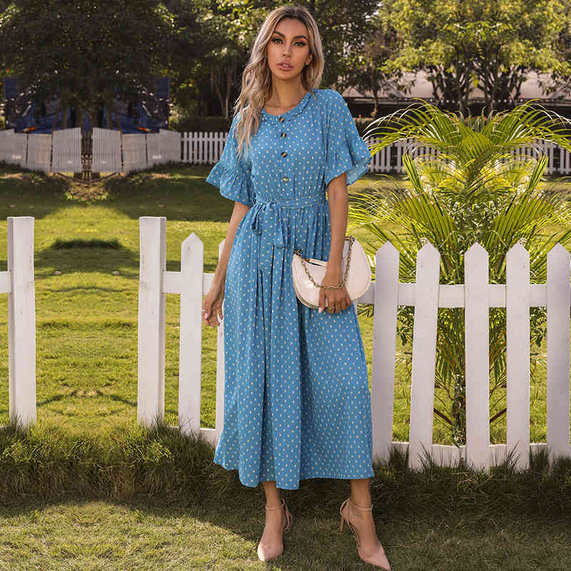 

2021 Summer New Polka Dot Print Long Dress Women Casual Butterfly Sleeve Slim Button Ladies Bandage Maxi Dresses, Blue