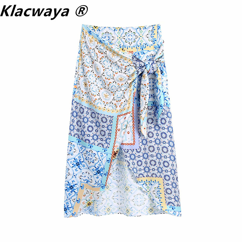 

Women Vintage Cloth Patchwork Floral Print Knotted Sarong Skirt Faldas Mujer Female Side Zipper Chic Slim Vestidos 210521, Blue print