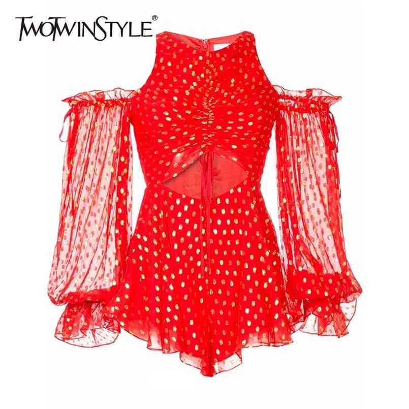 

Hollow Out Playsuit For Women O Neck Long Sleeve Off Shoulder Print Dot Playsuits Female Summer Korean Fashion 210521, Apricot