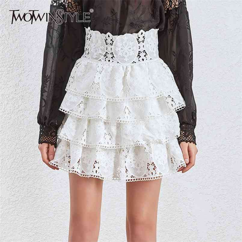 

Casual Embroidery Women's Skirts High Waist Hollow Out Ruffles Lace Skirt For Female Fashion Clothing 210521, Balck