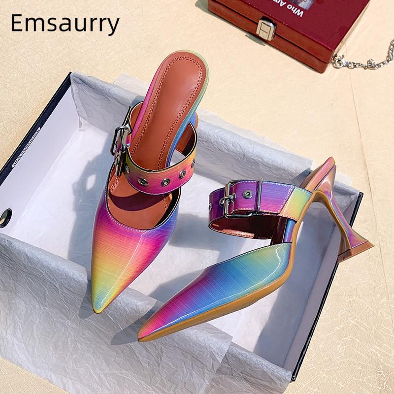 

Sandals Design Goblet Heel Gladiator Women Sexy Pointed Toe Buckle Belt Colorful Rainbow Color Slingback High Shoes, Black