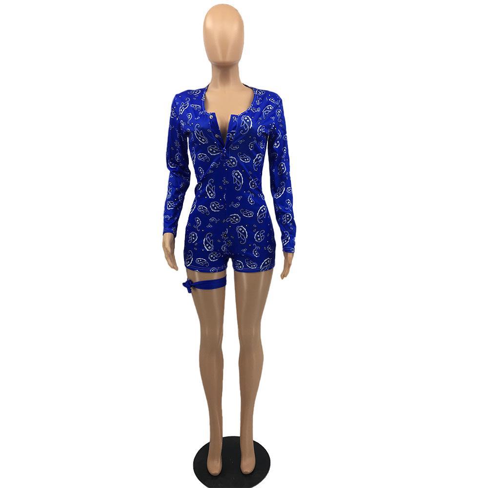 

Bandana Print Bodycon Jumpsuit Women Casual Sexy V Neck Long Sleeve Shorts Romper Fashion Playsuit Overall Onesies 2XL, Blue