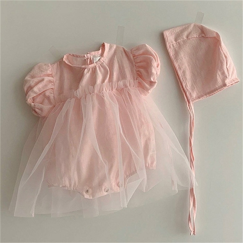 

Korean style infant girls fashion mesh princess dress with cap Summer baby girl jumpsuits 0-2Y 210708, Pink