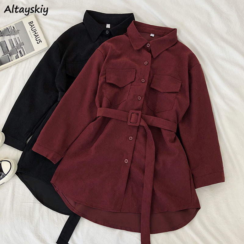 

Corduroy Long Sleeve Dress Women Solid Buttons Pockets Turn-down Collar Simple Elegant Sashes All-match Womens Vintage Harajuku, Black
