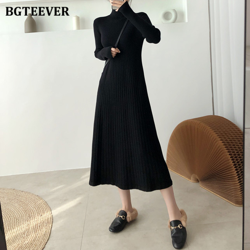 

2021bgteever elegant warm half turtleneck ladies a-line sweater dress full sleeve slim waist women knitted mid-calf vestidos autumn, Black;gray
