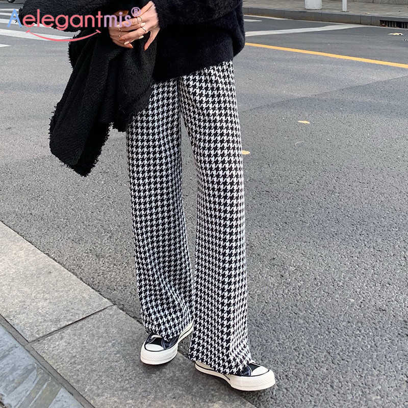 

Aelegantmis Casual Loose Houndstooth Wide Leg Knitted Pants Women Soft Warm Elastic High Waist Female Chic Retro Trousers 210607, Black