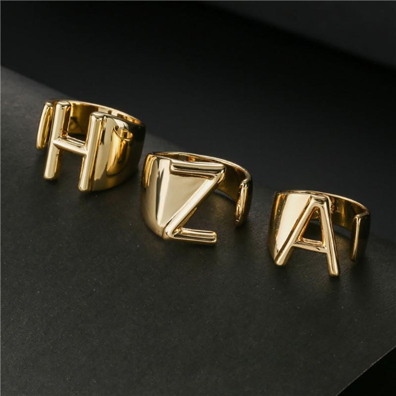 

Wedding Rings A-z Initial Signet Creative Punk Metal 26 Letters Crystal Open For Women Adjustable Jewelry 2021, Slivery;golden