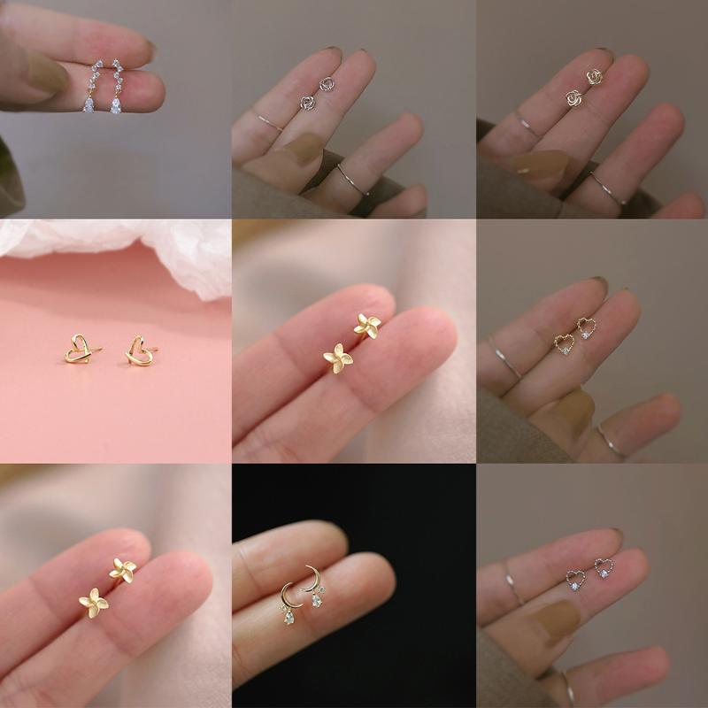 Stud Korean Fashion Flower Heart Moon Ear Studs Cartilage Earring For Women Zircon Small Piercing Jewelry Gifts-image-709960851