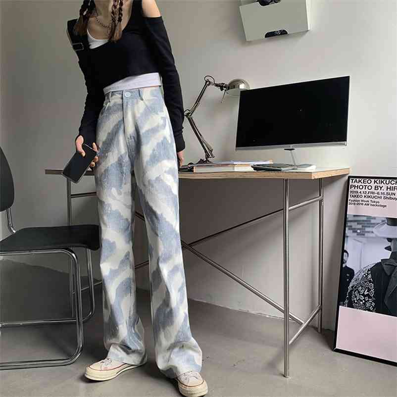 

Women Tie-Dye Blue Pants Casual Vintage Autumn Design Sense Loose Wide Leg High Waist Straight Trousers Bottoms 210517