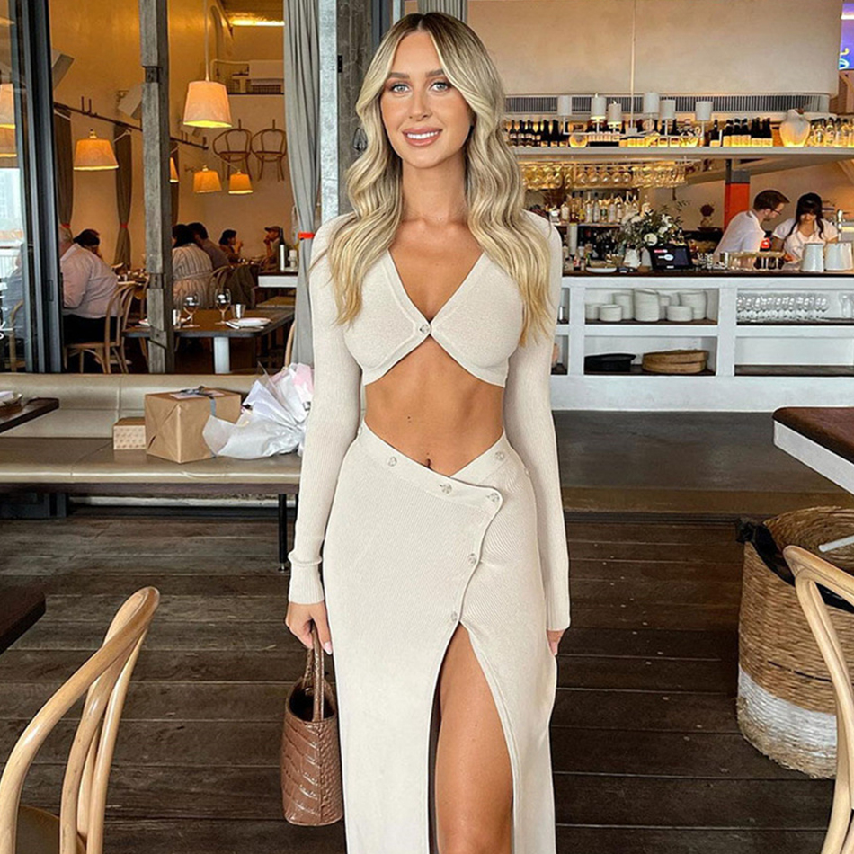 

Adyce 2021 New Summer Women Fashion White Long Sleeve 2 Two Pieces Sets Sexy V Ne Tops Buttons Club Party Outwear Casual Sets, White club sets