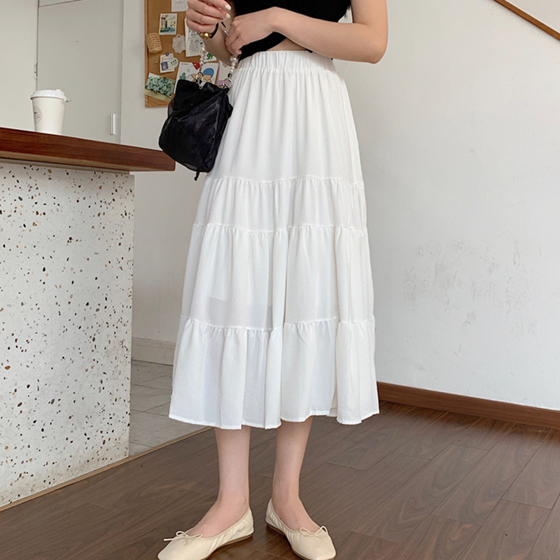 

20212021 spring and summer women boho long skirt high waist ruffles white beach skirts pink jupe femme tulle skirt saia midi faldas, Black
