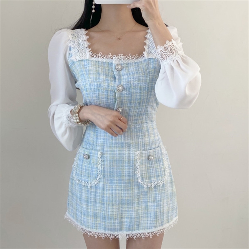 

High Quality Female Elegant Skirt Suits Fashion Tweed 2 Piece Set Women Crop Top + Mini Skirts Sets Two Outfits 210514, Blue