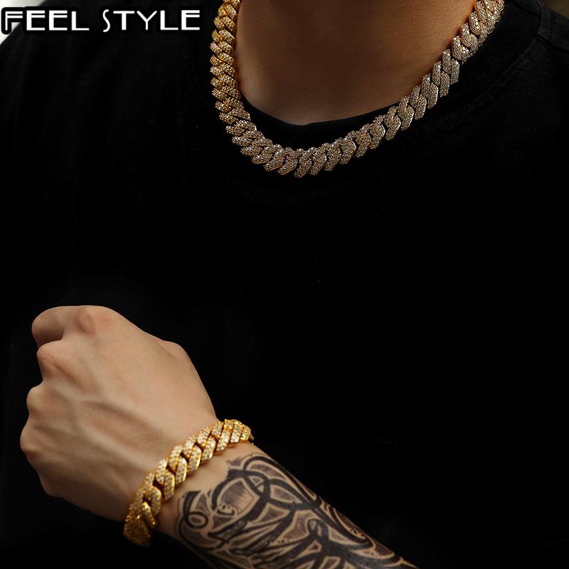 Hip Hop 14 MM CZ Lourd Cubain Prong Chaîne Bracelet Colliers Glacé Zircon Or Argent Couleur Tour De Cou Bling Chaînes Pour Hommes Bijoux