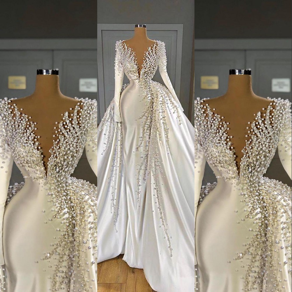 

2021 Luxury Pearls Crystal Mermaid Wedding Dresses Long Sleeves with Overskirt Detachable Train Satin V Neck Bridal Gowns Elegant Weddings Dress robes de mariée, White