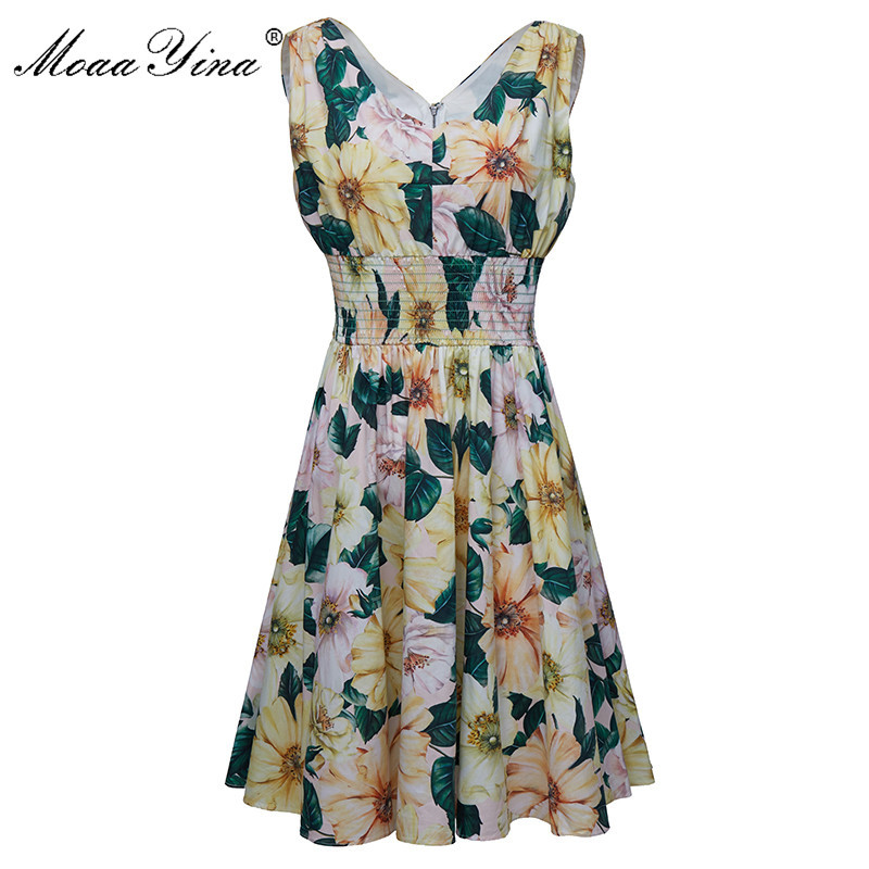 

Summer Women's Dress V-neck Camellia Floral-Print Elastic waist Cotton Dresses Fashion Designer Female dress 210524, Yellow