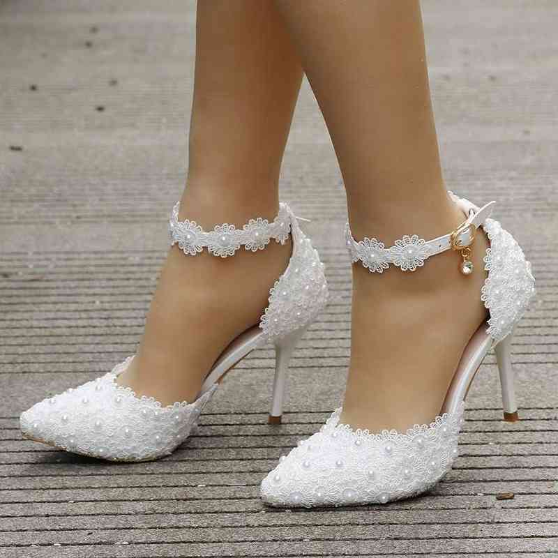 

Zapatos boda blancos para mujer, calzado de tacn alto con correa en el tobillo, con diamantes imitacin encaje, para fiesta, #42, White 9cm