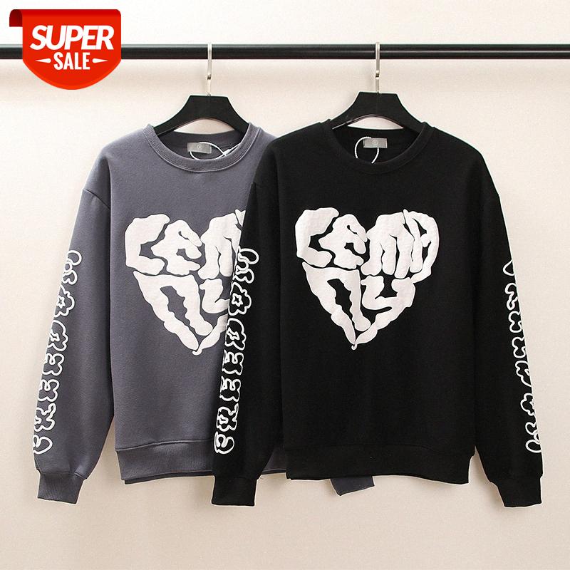 

Men's hip-hop flow loose love foam printing men and women couples fashion plus velvet sweater round neck #uV1p, Black