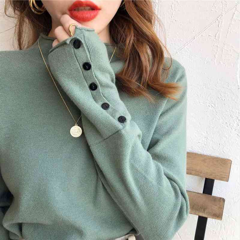 

sweater women knitted pullover autumn winter thick sweater long sleeve turtleneck button jumper soft warm pull femme, White;black