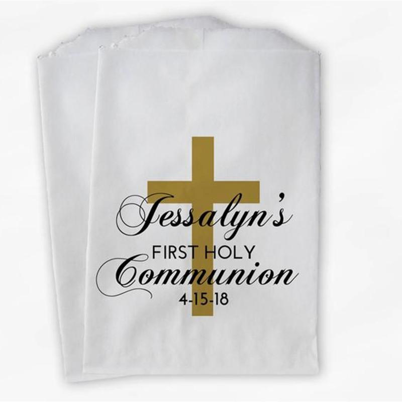 

Gift Wrap Custom First Communion Favor Bags - Personalized Baptism Or Religious Party Black And Gold Paper Treat