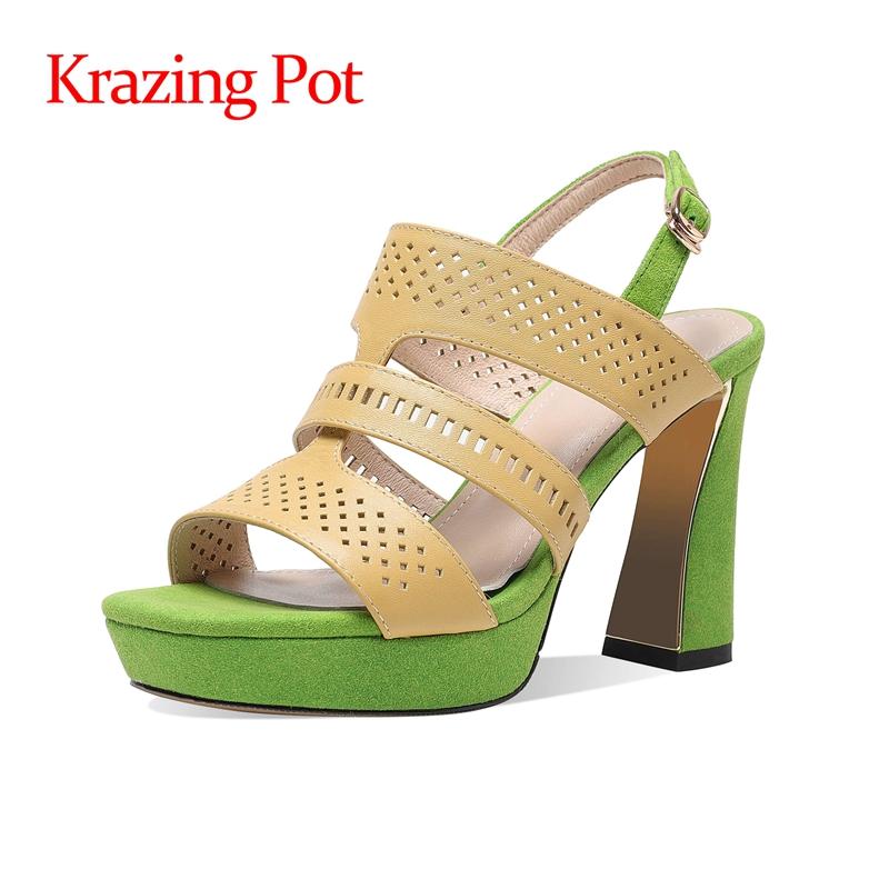 

Krazing Pot Summer Genuine Leather High Fashion Peep Toe Super Heels Mixed Colors Platform Buckle Straps Sandals Women L19, Black