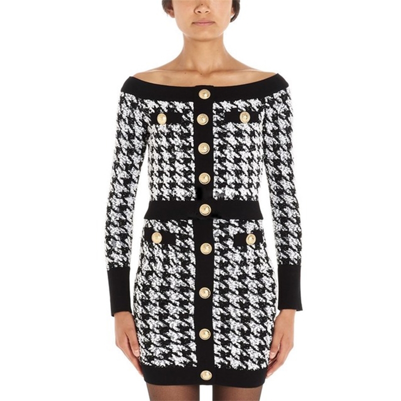 

HIGH STREET Designer Stylish Top Women' Slash Neck Lion Buttons Tweed Houndstooth Sweater 210521, Beige