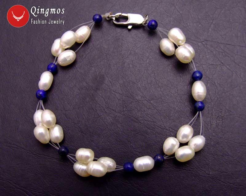 

Beaded, Strands Qingmos Natural Pearl Bracelet For Women With 5-6mm White Rice & 4mm Blue Lapis Lazuli Jewelry Bra348 Free Ship, Black