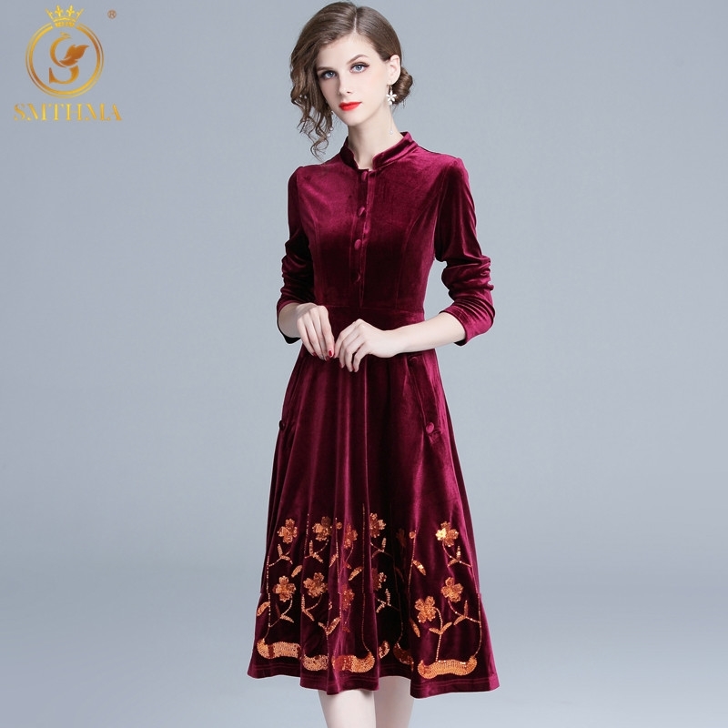 

Arrival Winter Luxury Design Runway Velvet Dress Women Sequin Embroidery Party Dresses Vestido 210520, Photo color