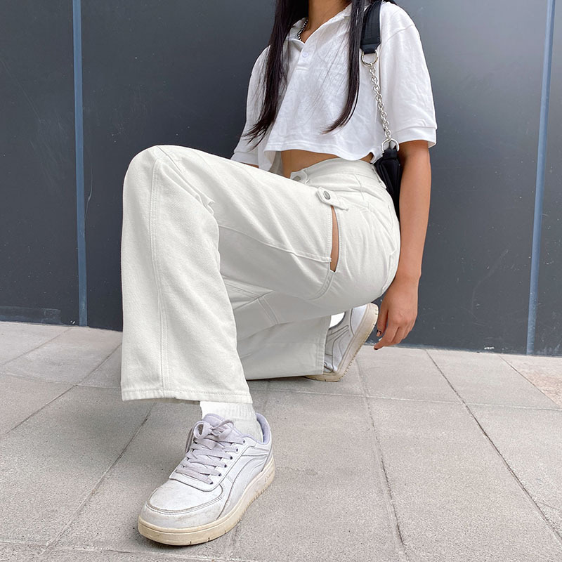 

Autumn Winter Women' Jeans New Stitching High Waist Jeans Fashion Trend Street Basic Wide-Leg Pants Zipper Hollow Trousers, White