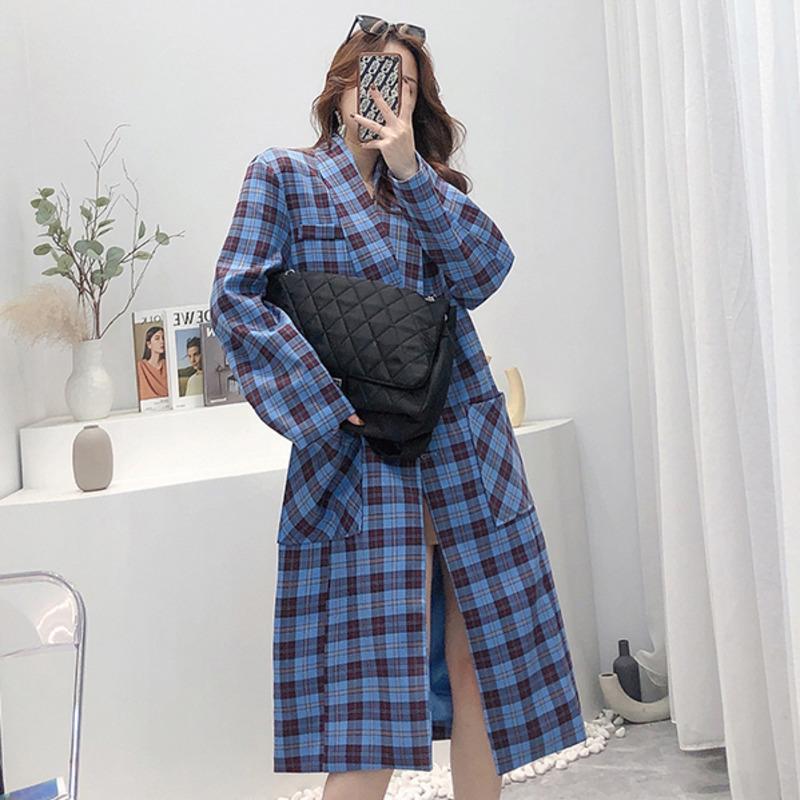 

Women's Trench Coats [EWQ] Korea Chic Blue Plaid Coat Women Autumn 2021 Laple Loose Lace Up Waist Single Breasted Long Sleeve Windbreaker, Black