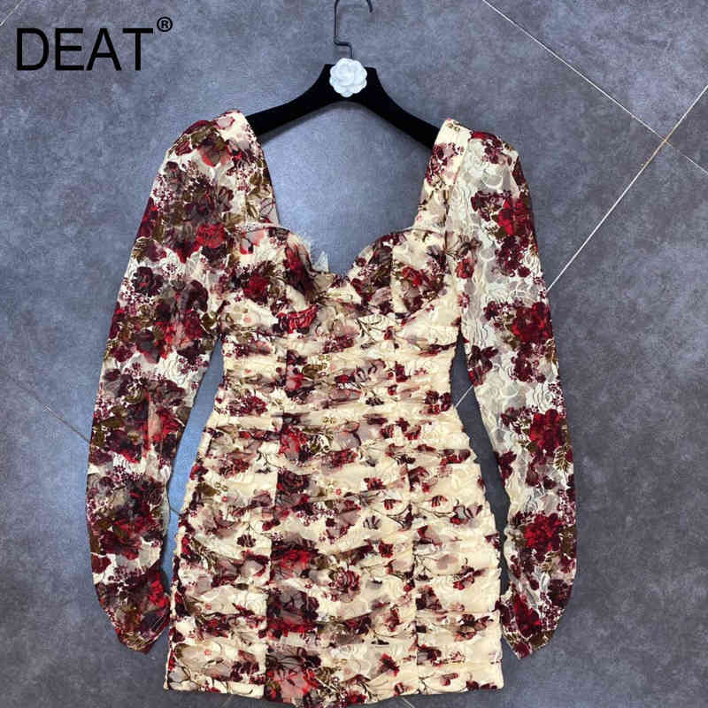 

summer Arrivals Print Square Collar High Waist Lace Long Sleeve Collect Vintage Style Dress MZ437 210525, Figure color