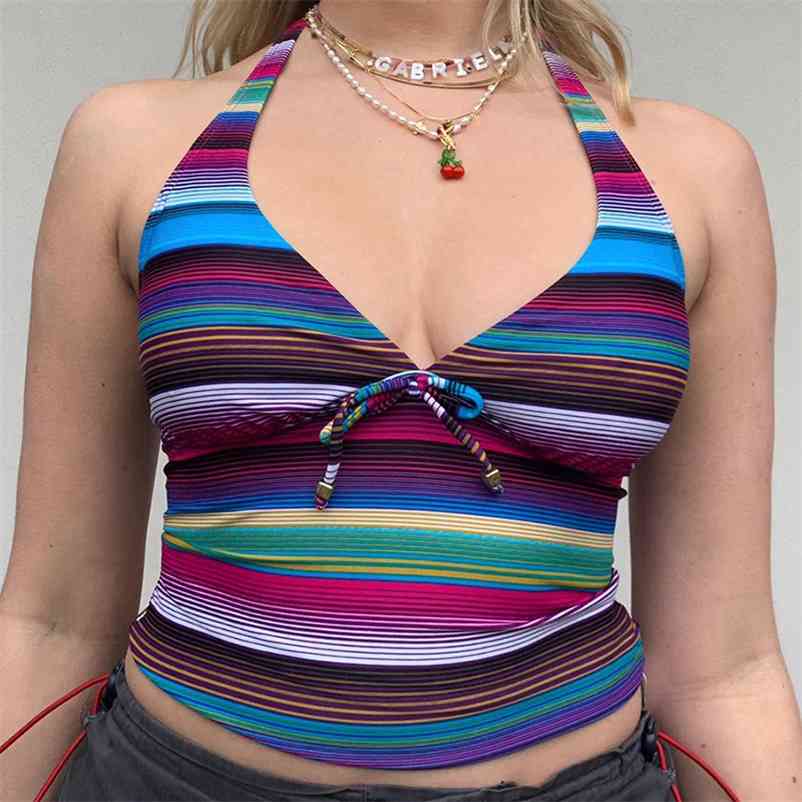 

Rainbow Striped Y2K Halter Crop Top For Girls Fashion Women Summer Chic V Neck Backelss Party Tee Sexy Shirt BeachHoliday 210518, Striped tank top