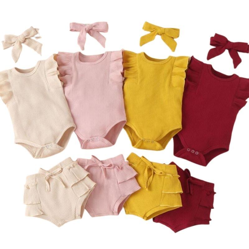 

Clothing Sets 3pcs Baby Girls Clothes Set Born Infant Ribbed Ruffles Sleeveless Vest Romper Bodysuit Flower Print Pants Headband, White