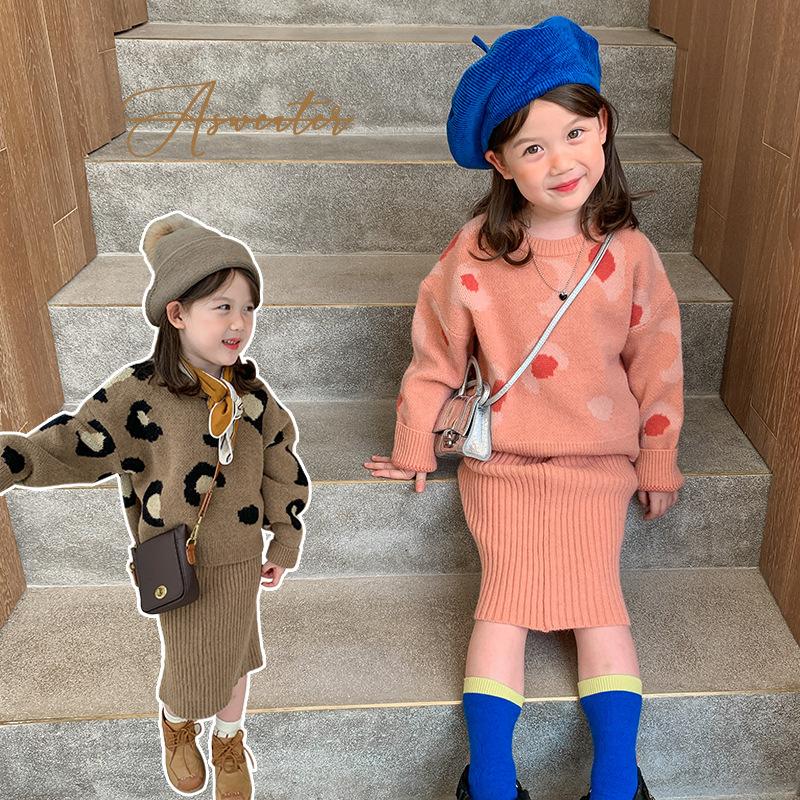 

Clothing Sets Children Girls Leopard Sweater And Skirt 2pcs Fashion Outfit For Kids Boutique Fall Winter Soft Knitting, White