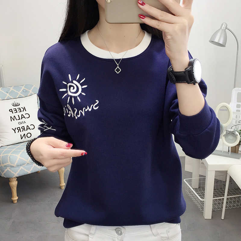 

shintimes Letter Embroidery Winter Sweatshirt Women Plus Size Pullover Fall Clothes Hoodies Womens Clothing Sudadera Mujer 210615, Navy blue