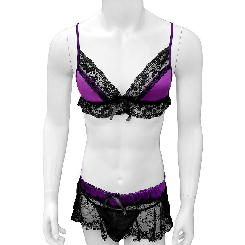 

Bras Sets Mens Lingerie Bra Set Ruffles Lace Mini Dress With Thong Sissy Panties Nightwear See Through Sexy Babydoll Sleepwear, Black