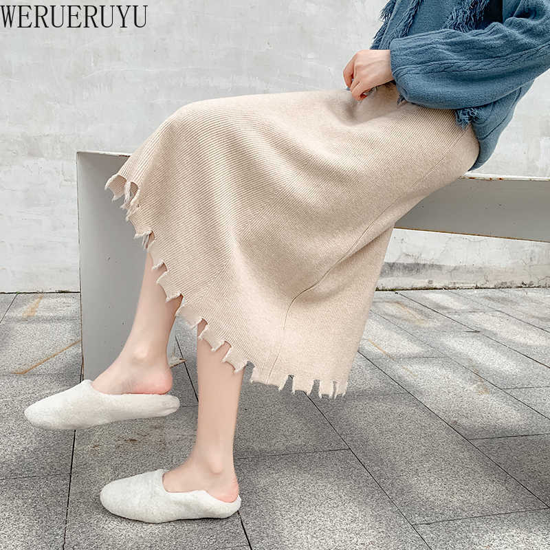 

WERUERUYU Autumn Winter Vintage Skirt Women Korean Fashion High Waist A-Line Long Midi Fringe Skirts Ladies 210608, Photo color