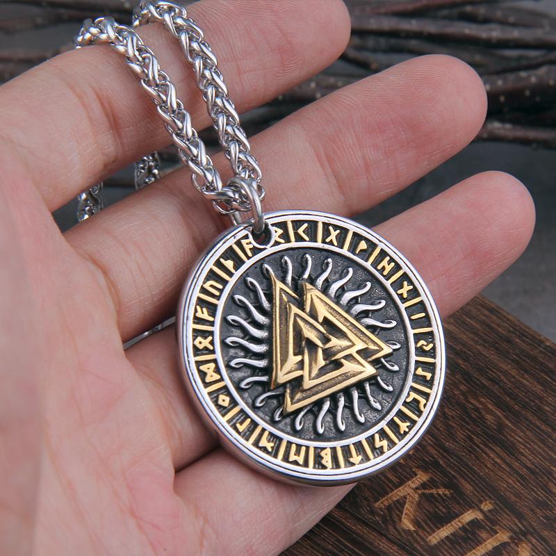 

Nordic Vikings Jewelry Never Fade Odin's Valknut With Rune And Viking Axe Pendant Wooden Box As Gift Necklaces