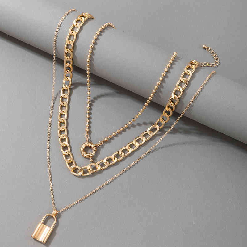 

HuaTang Punk Lock Pendant Neckalce for Women Multilayer Gold Color Heavy Thick Geomtric Chain Choker Jewelry Collar 17608