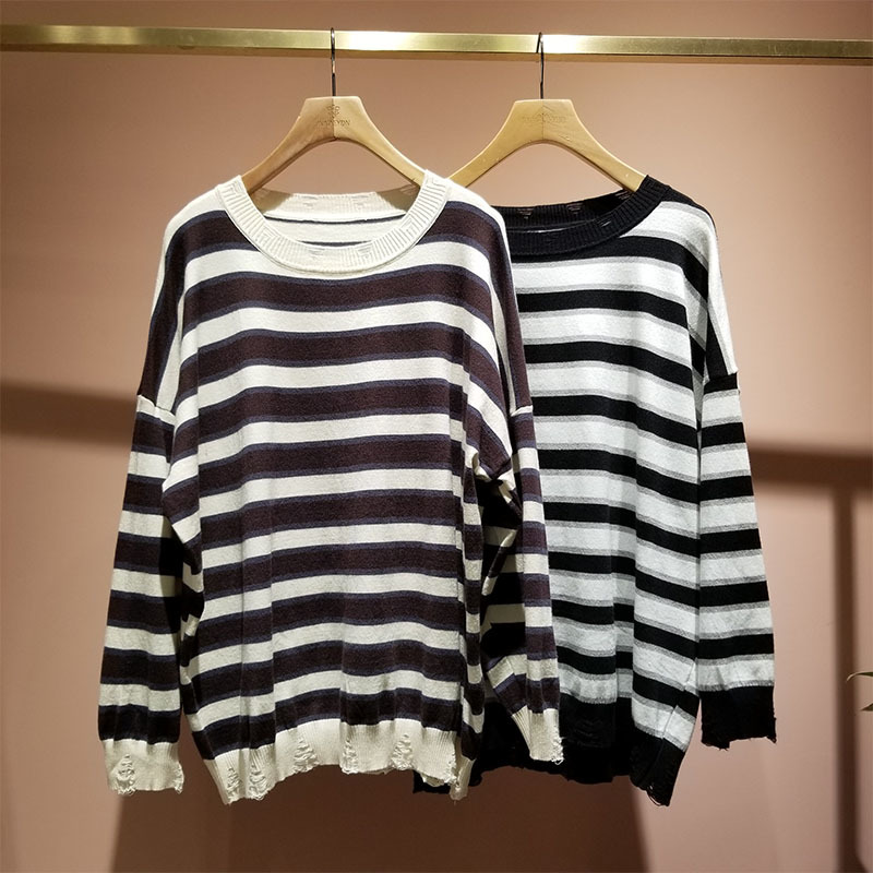 

Women's Spring And Autumn Round Neck Long Sleeve Patchwork Stripe Print Loose Knit Soft Casual Sweater 210521, White