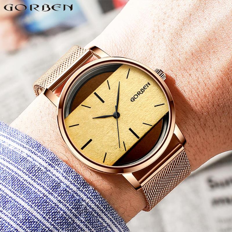 

Wristwatches Unisex Watch Creative Hollow Transparent Clock For Men Women Couple Fashion Wood Dial Rose Gold Stainless Steel Male Wristwatch, Slivery;brown