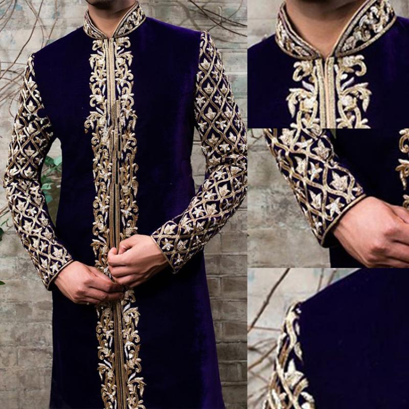 

Ethnic Clothing Muslim Fashion Arab Men's Jubba Thobe Kaftan Dress Stand Collar Gold Print Gentle Islamic Male Abaya 2021 Caftan