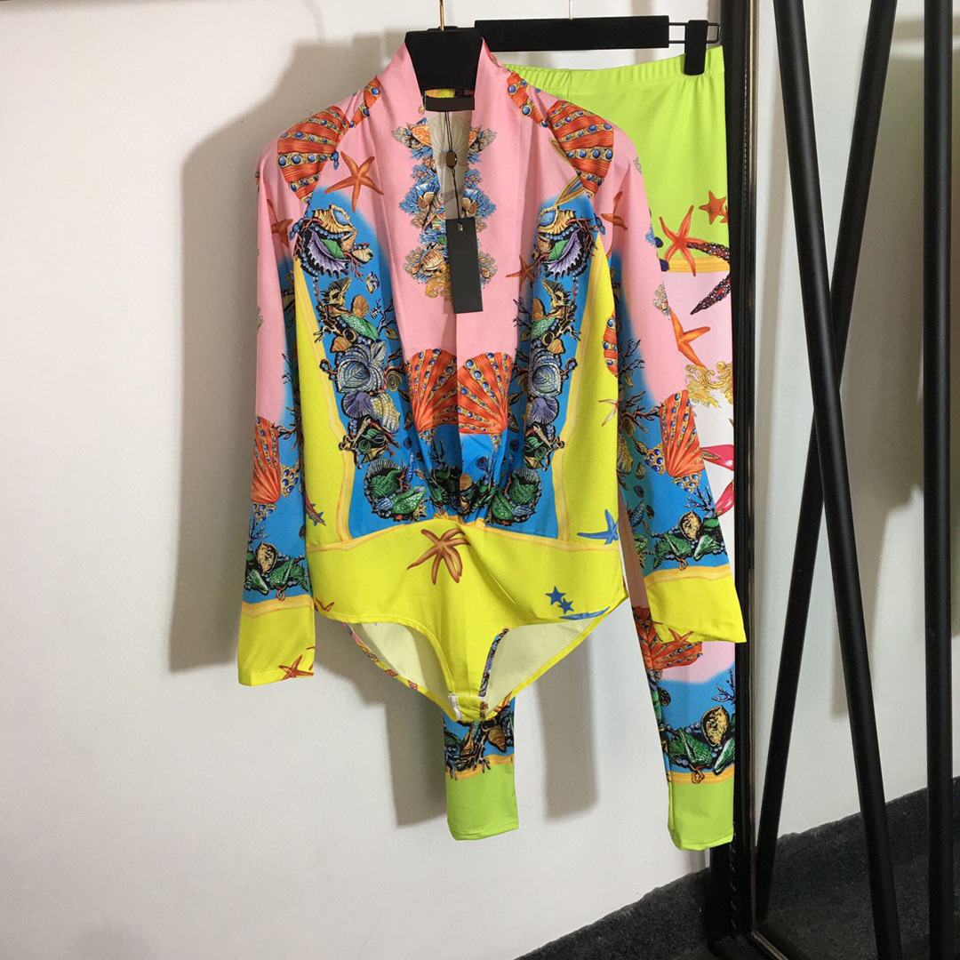 

706 2021 Milan Style Spring Summer Brand Same Style Two Pieces Sets V Neck Flora Print Long Pants Empire Long Sleeve High Quality Womens Clothes faluolan, Customize