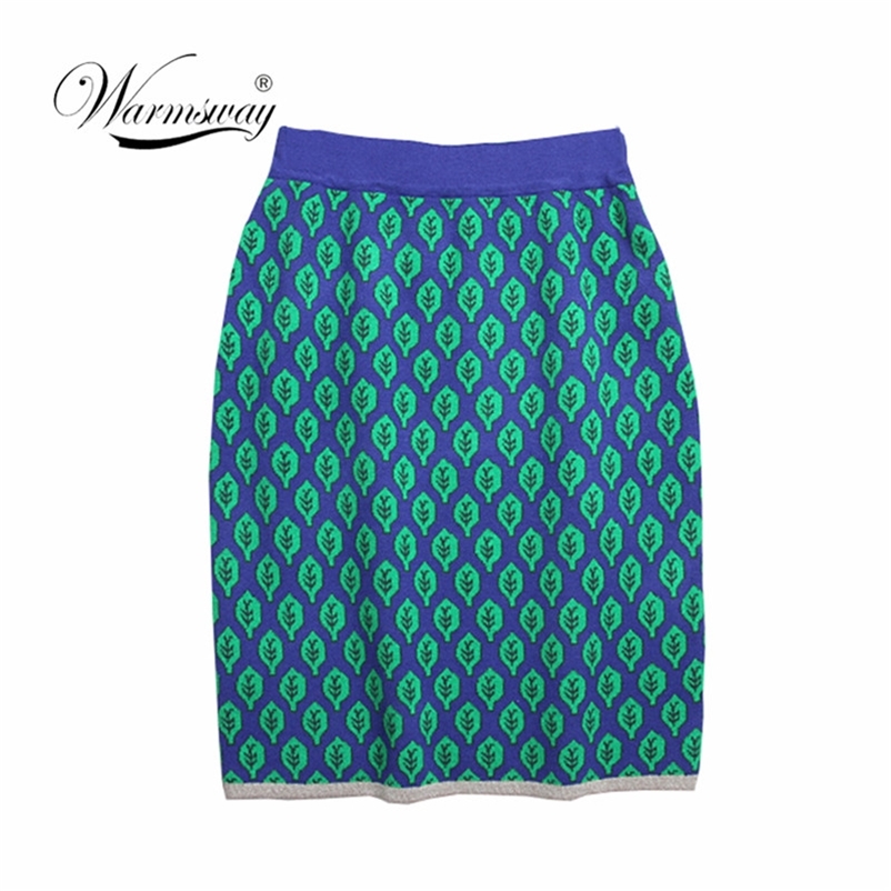 Spring Autumn Women Leaf Jacquard Knitted Pencil Skirts Stretch High Waist Knee Length Slim Office Lady Bodycon Skirt B-131 210412Z
