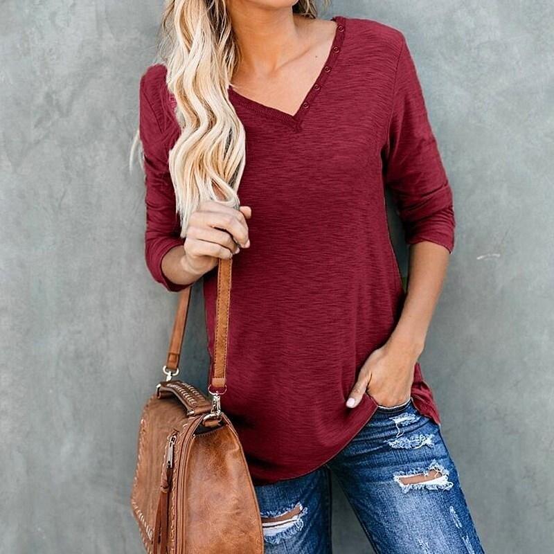 

Plus Size Women Cotton T Shirt Casual Oversized Long Sleeve V-Neck Button Solid Loose Tops Autumn 2021 Fashion Tee Women' T-Shirt, F45370 purple